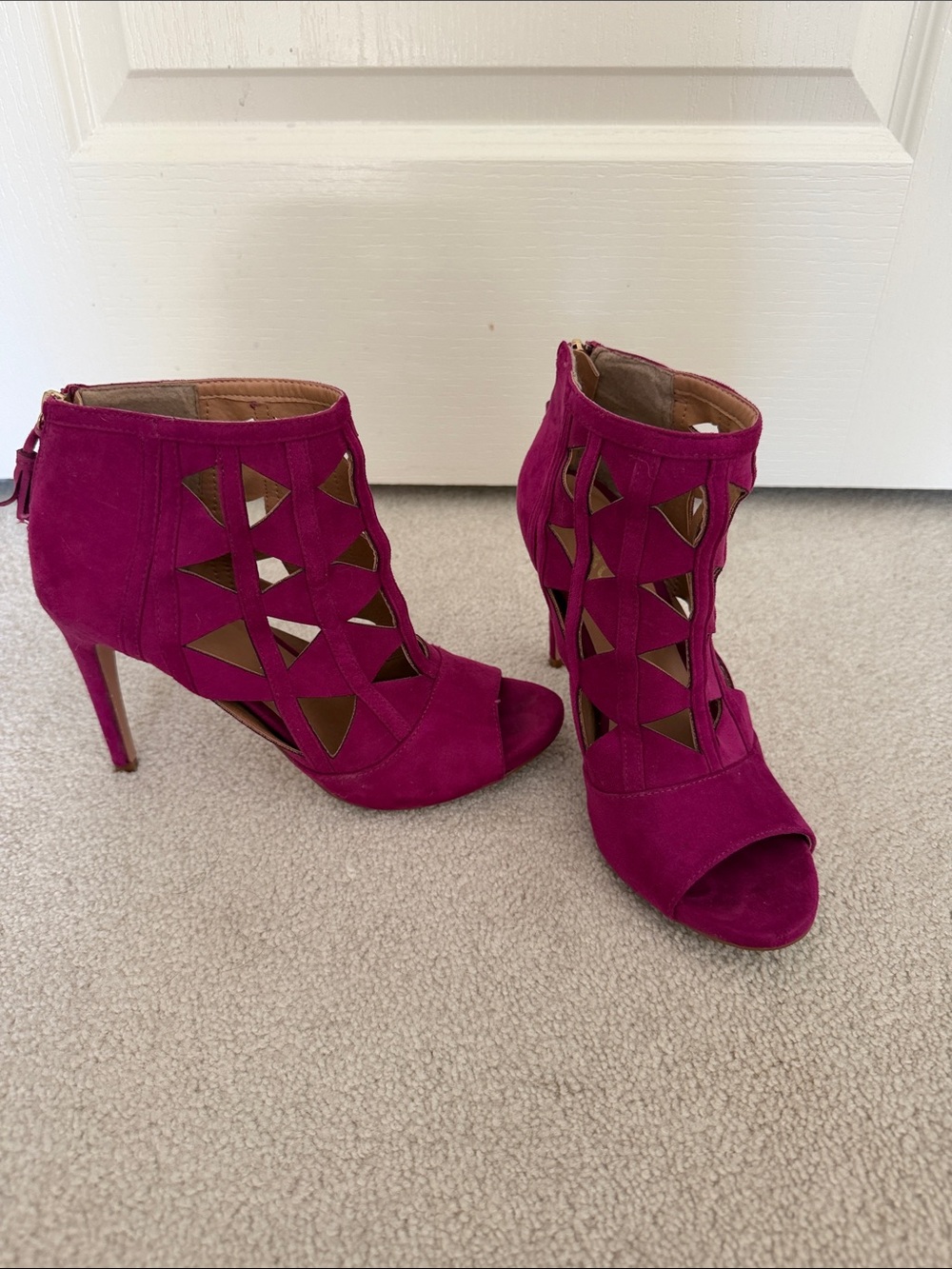 XOXO Fuchsia Suede Cutout Peep-Toe Ankle Booties